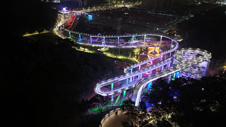 夜色下，龙池绿谷景区空中步道宛如一条星河隧道穿越在绿色的山野间，串联起漳州与厦门的烟火。漳州台商区融媒体中心供图